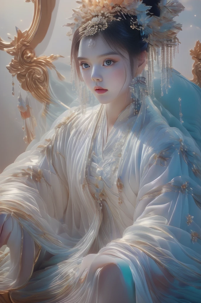 1girl, solo, white Hanfu, circular mural, stone, half body close-up, (sitting on the Grand Tutor's Chair:1.6), autumn theme, indoor, simple background, cinematic feeling, sense of scale and narrative, ethereal scene, peaceful loneliness, stunning contrast and shadow, photography, super reality, bright colors, superlight compensation, depth of field, caustics, 8k, super detail, masterpiece