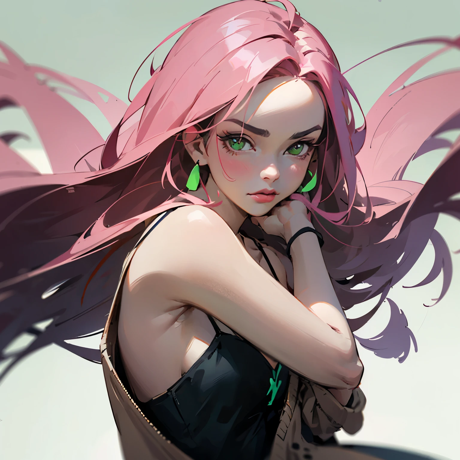 girl with long black and light pink ombre hair. she is wearing a black spaghetti strap style dress and a light pink cardigan. wearing a black high-top converse. aesthetically pleasing 2D focus anime with a touch of realistic vibes. Touches of sage green. plain white background. Fortnite survey skin art style