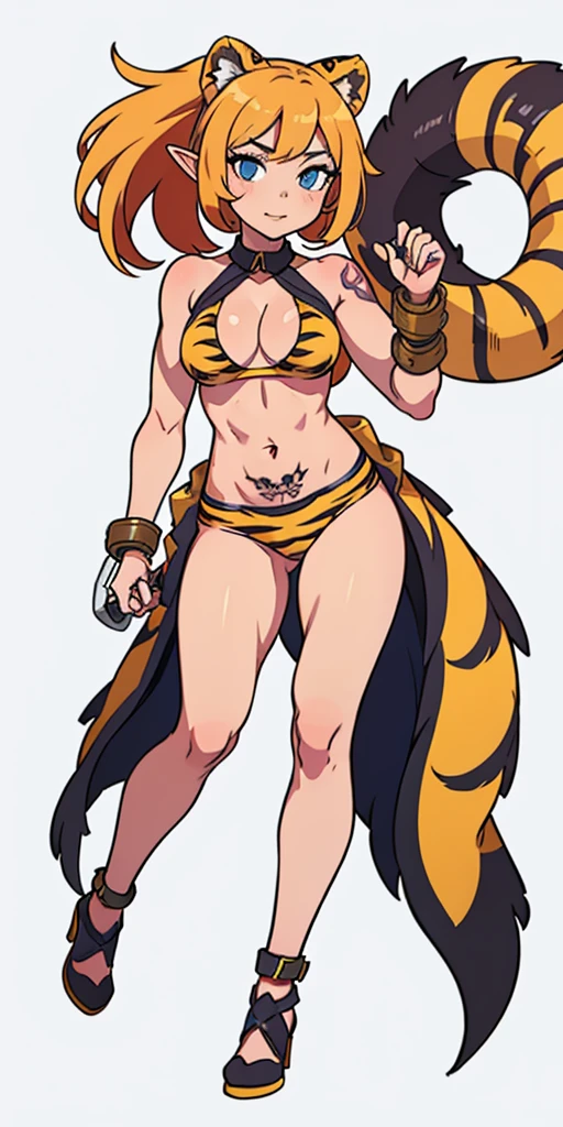 (plain background, masterpiece, best quality, ultra-detailed, best shadow, best rendering: 1.2) (1girl) (8k) (photorealistic:1.4) best quality, ultra high res, highly detailed eyes, Sexy pose, cleavage cutout, female white long hair in yellow bikini with tiger stripes on it, abs, full body, tanned skin, high heels, tiger tail, slave collar on neck, elf female, tattered clothes, shackles on arms and legs, red navel tattoo, abs, stomach exposed