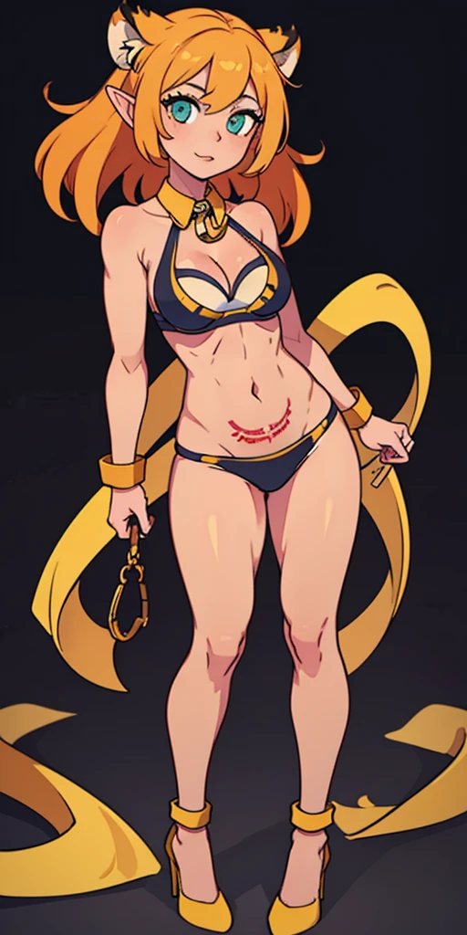 (plain background, masterpiece, best quality, ultra-detailed, best shadow, best rendering: 1.2) (1girl) (8k) (photorealistic:1.4) best quality, ultra high res, highly detailed eyes, Sexy pose, cleavage cutout, female white long hair in yellow bikini with tiger stripes on it, abs, full body, tanned skin, high heels, tiger tail, slave collar on neck, elf female, tattered clothes, shackles on arms and legs, red navel tattoo, abs, stomach exposed