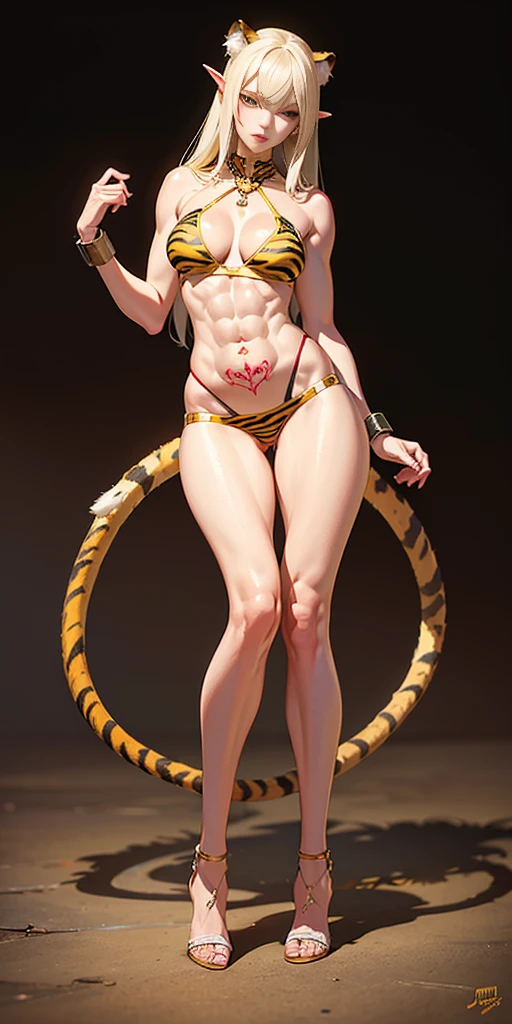 (plain background, masterpiece, best quality, ultra-detailed, best shadow, best rendering: 1.2) (1girl) (8k) (photorealistic:1.4) best quality, ultra high res, highly detailed eyes, Sexy pose, cleavage cutout, female white long hair in yellow bikini with tiger stripes on it, abs, full body, tanned skin, high heels, tiger tail, slave collar on neck, elf female, tattered clothes, shackles on arms and legs, red navel tattoo, abs, stomach exposed