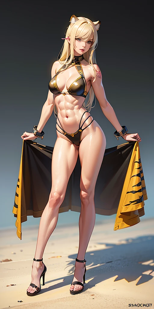 1girl, Angle from below:1.8, The girl bends forward to show off her breasts、legs apart, (Blade), (Tanned shiny black skin:1.6)、Glowing Eyes, ((Sexy evil grin)), ( girl), blondes、Twin tails、forehead、Small breasts, hat, ((((arabian clothes, see-through)), (headband), (Areola Slip), small breasts, (jewelry)))、desert, ((sahara))、foot, ((foot))、(Put your hands behind your head)、arm pits, (Ass), (squat)、front, have a dagger、((footjob)), 