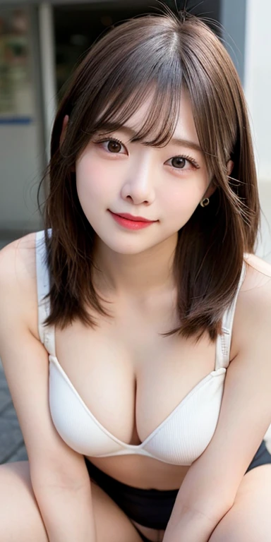 A girl wearing a thin bra top and a mini skirt, highest quality, photograph, Very detailed, In detail, High resolution, 8k wallpaper, Perfect dynamic composition, Beautiful fine details, Natural color lip, Random sexy poses,smile,Aoyama Street Walk,20-year-old girl,A girl in sexy underwear squatting with her legs apart,Nipples