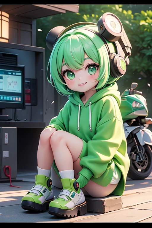 Hand holding cherries. (Supersonic Cyberpunk), (green), (Cute cartoon, Cute cartoonAF. | A masterpiece with a maximum resolution of 16K. | (Cute cartoonスタイル). | Front view (Lonely person, Charm) , (Wide々Meditate in a tranquil Japanese garden), ( Wear a stylish hoodie), ((Mechanical Cyberpunk)). |(((A kind smile, Looking at the audience))), (bright green eyes).