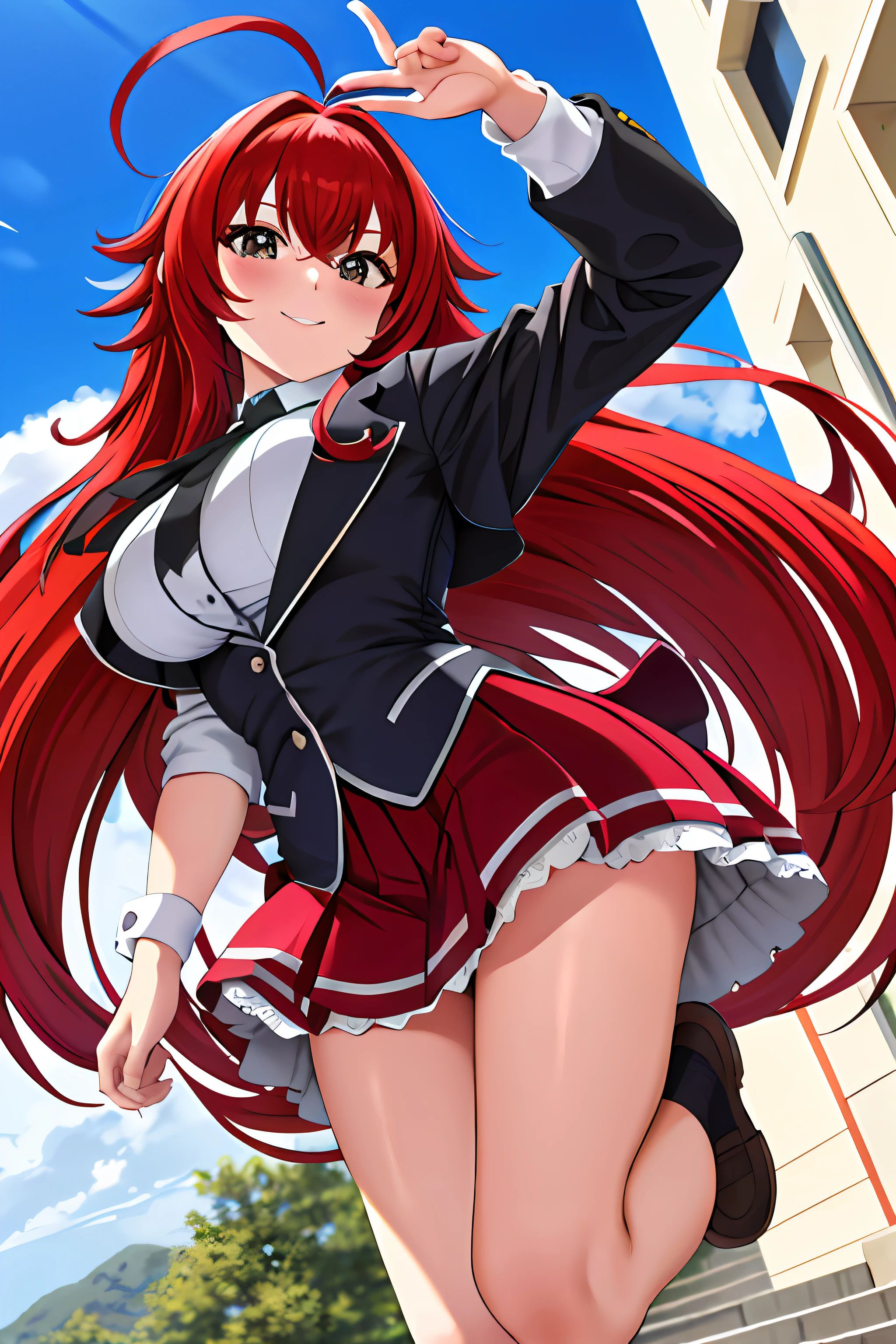 obra maestra, mejor calidad, high resolution, mejor calidad, high resolution, Rias Gremory, 1 chica, ancho, Uniforme escolar, pelo rojo, ahogo, ojos azules, pechos grandes,muslos gruesos,pelo muy largo, pechos, falda, enorme ahogo, calcetines, al aire libre, de pie, piernas abiertas, (falda levantada: 1.3), (tanga blanca: 1.1), sonrisa,