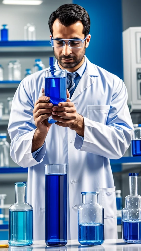 arafed man in a lab coat holding a flask filled with blue liquid, handling laboratory equipment, holding flask in hand, in a lab, chemisty, scientific research, experiment in laboratory, chemical substances, in a laboratory, in laboratory, abstraction chemicals, stood in a lab, in the background, reagents, laboratory in the background, medical laboratory