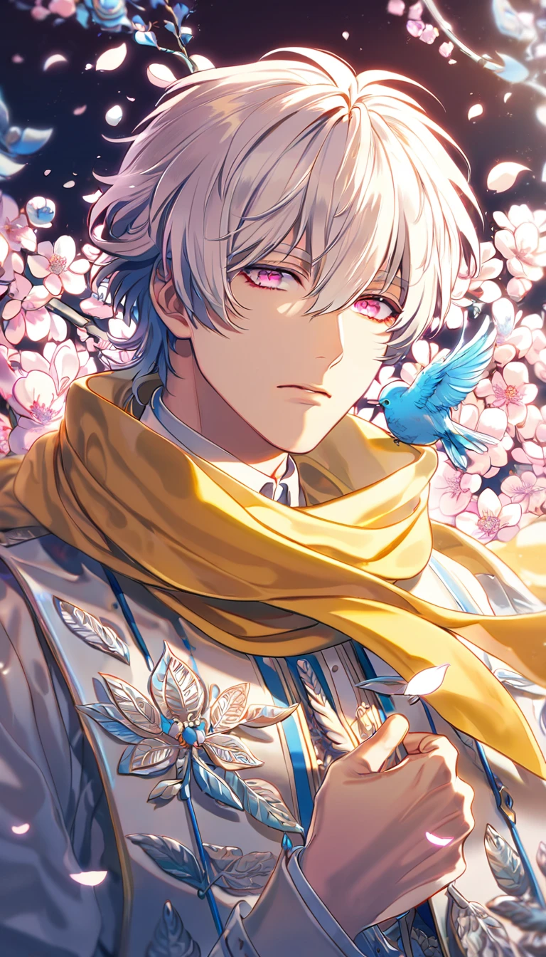 absurdres, highres, ultra detailed, HDR, masterpiece, Clear, white hair, expressive pink eyes, Dramatical Murder, white coat, yellow scarf, white shirt, designed with decorations such as blue leaves, blossoms and birds, 1man, handsome, petals