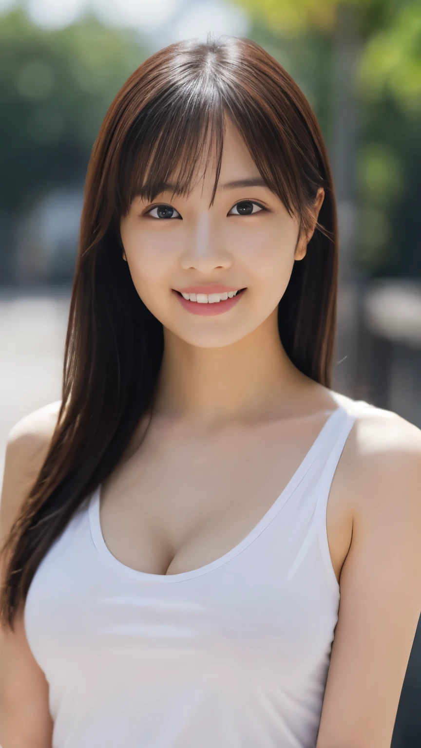 1 girl, (White tank top、The clothes are see-through、Protruding nipples:1.1、Cleavage), Beautiful Japanese actresses, (RAW Photos, highest quality), (Realistic, Photorealistic:1.4), masterpiece, Very delicate and beautiful, Very detailed, wonderful, finely, Very detailed CG Unity 8K 壁紙, Very detailed, High resolution, Soft Light, Beautiful detailed girl, Very detailed目と顔, Beautiful and detailed nose, Beautiful and detailed, looking at the camera、Perfect Anatomy, Slender body, smile、((Hands behind head))、Facing forward