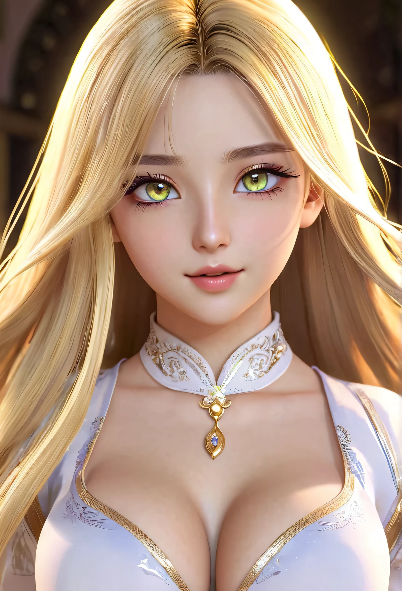 -yeld giLight golden long hair，Aurora colored eyes，Long eyelashes，Very large breasts，((3D anime style))，Dancer Clothes，