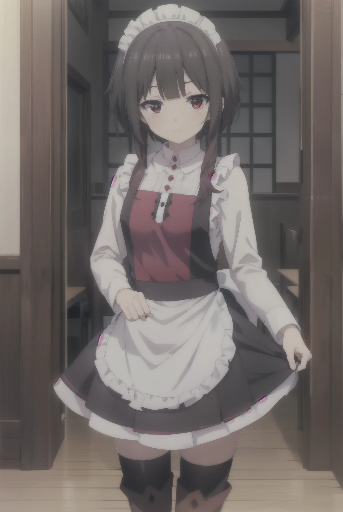 konosubaMegumin, Megumin, short hair, Black Hair, (Red eyes:1.3), short hair with long locks,
headdress, Maid clothes,dress,ロングskirt,White Pantyhose,short boots, apron, 両手でskirtを持ち上げている,Looking at the audience, happy smile, smile, blush,Open your mouth,skirt, skirt lift, 自分で持ち上げる
break indoors, coffee shop,
break looking at viewer, (Cowboy Shot:1.5),
break (masterpiece:1.2), highest quality, High resolution, unity 8k wallpaper, (shape:0.8), (Fine and beautiful eyes:1.6), Highly detailed face, Perfect lighting, Highly detailed CG, (Perfect hands, Perfect Anatomy),