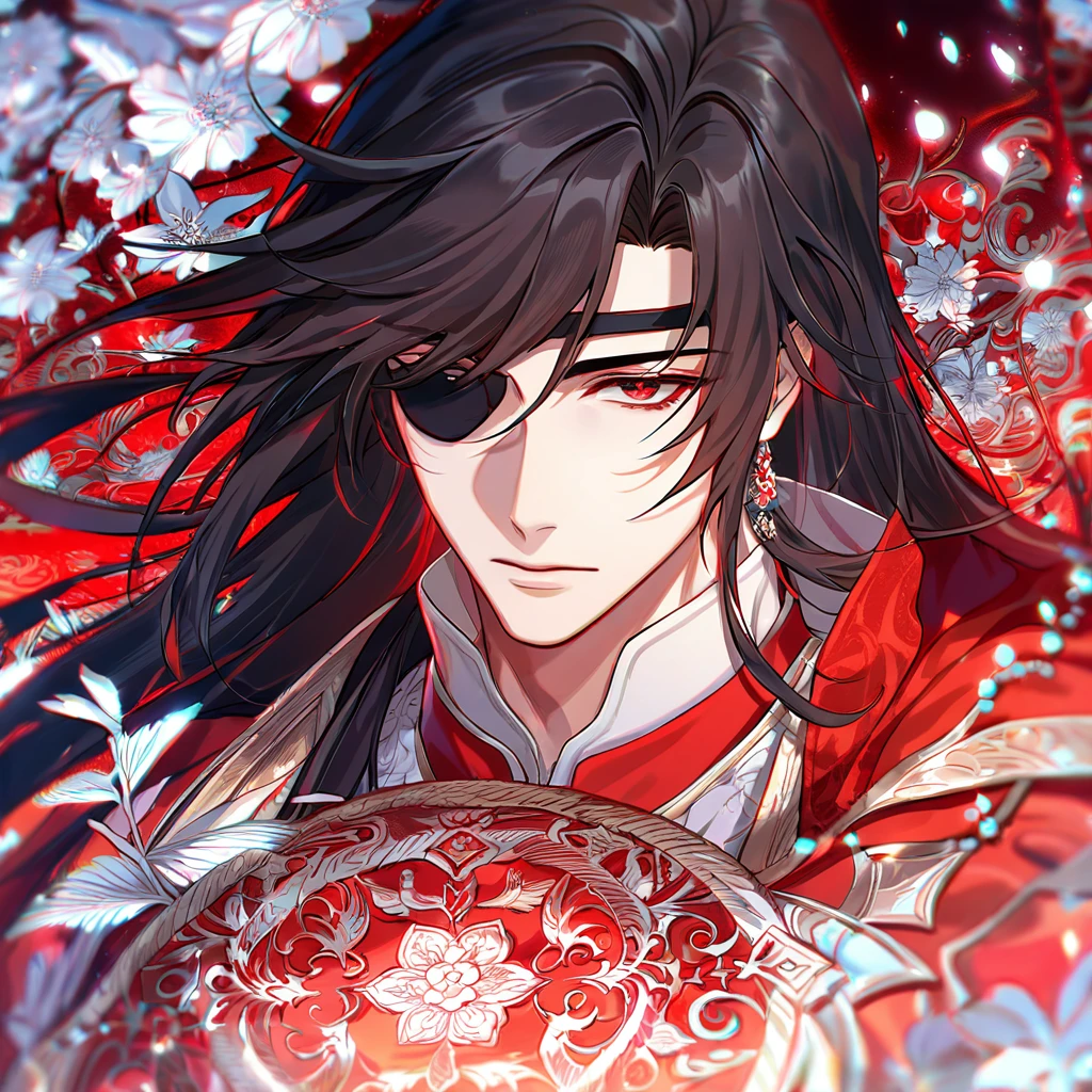 Ultra detailed, HDR, Highres, absurdres, master piece, Hua Cheng, black long hair, expressive red eye, black eye patch, Heaven Official's Blessing, patterns, red clothes, red petals, red ice flowers, sexy man, solo, extremely detailed face and eyes, extremely handsome, glittering, red glass,
