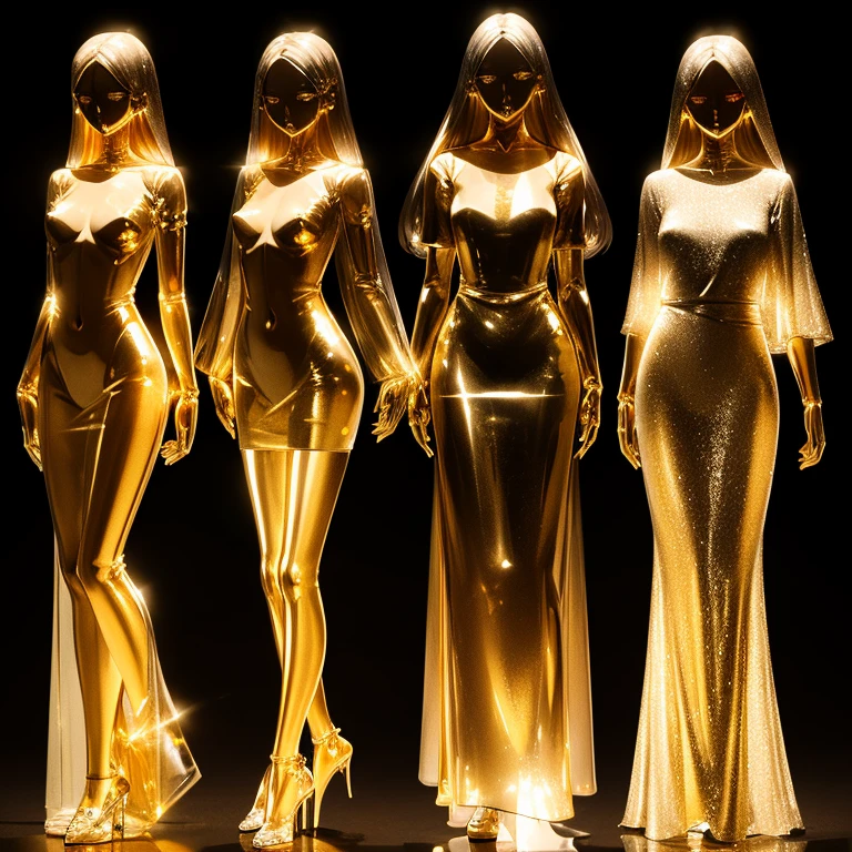 Women with mechanical bodies,
All of them have perfect human faces.,
All of them have gold translucent internal skeletons except for their faces.,
whole body mechanics,
Everyone is a different height,
Masterpiece Group,
Full Body Shot,
everyone is standing,
All of them are wearing translucent dresses of different colors.