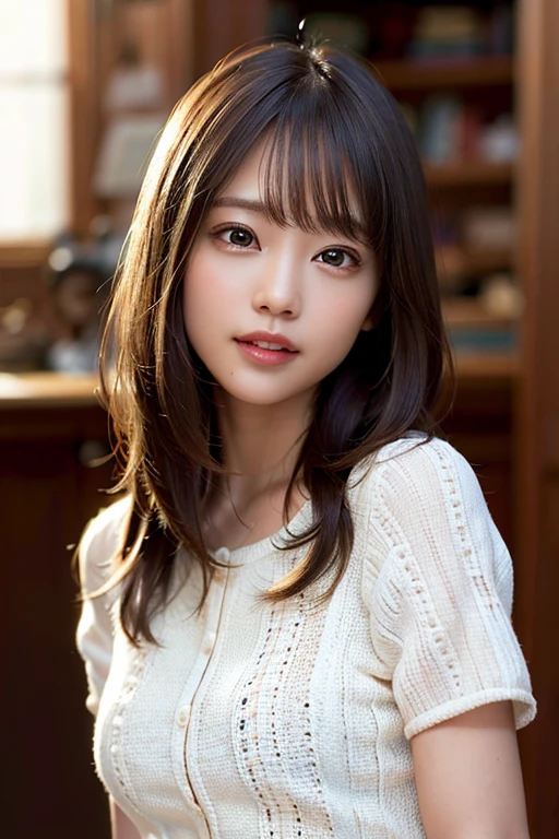 (8k, RAW photo, best quality, masterpiece:1.2), (realistic, photo-realistic:1.37), ultra-detailed, ultra high res,1 girl,looking at viewer,beautiful detailed face,smile,narrow,(slim waist:1.3),shirt, beautiful detailed skin, skin texture, floating hair,professional lighting,