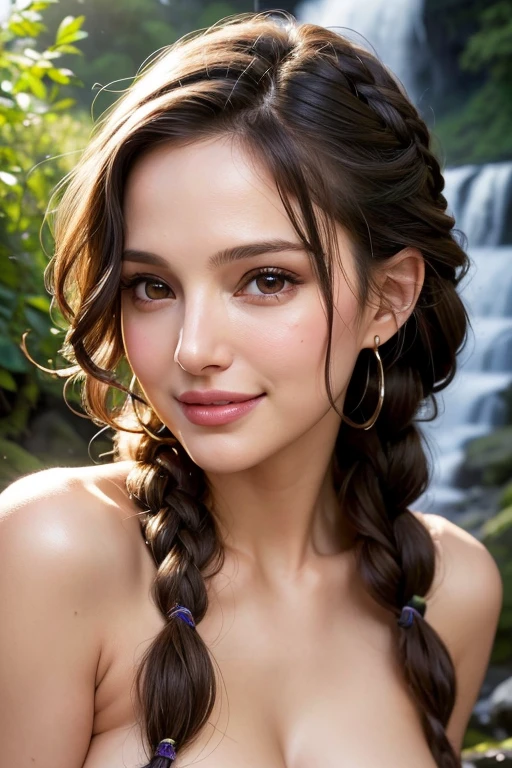 (pixer style: 1.25) portrait of girl, Natalie portman, Smiles, Natural Skin Texture, 4K textures, nffsw, with an intricate, Highly detailed, Sharp Focus, naked portrait, nude photography, shiny nipple, show armpit, no clothes 、Cinematic Look, ultra-detailliert、(In front of a waterfall in the forest)、With smiling eyes、Colossal 、Curly hair in braids、((facial close-up)))、
