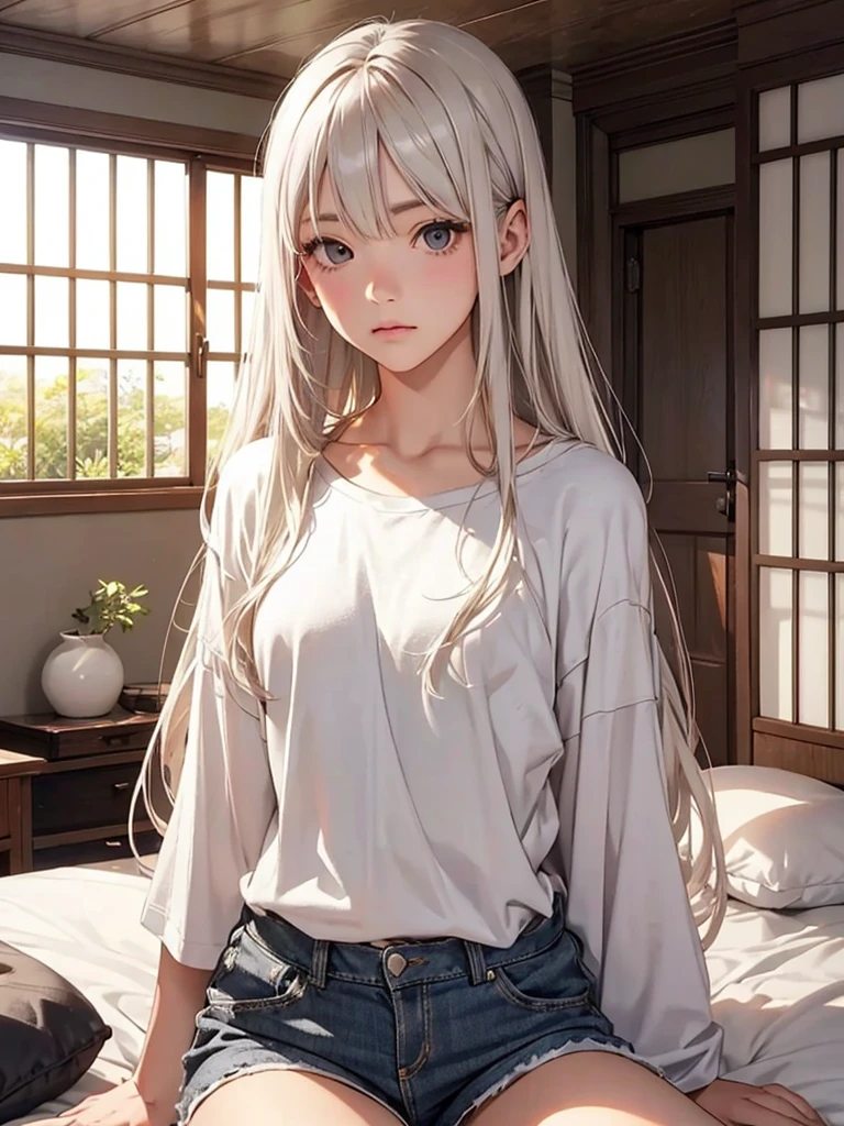 highest quality、Realistic、woman、Japanese、zoom、look up、cute、Bedroom、bed、sit、Stretch、Raise your arms、Looks sleepy、Gray Eyes、Platinum Blonde Hair、long hair、Large T-shirt.Shorts、slender、Small breasts、Upper Body