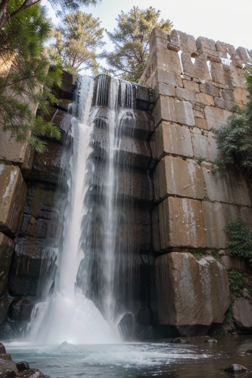 Una enorme muralla de piedra tallada rodeada de un denso bosque congelado