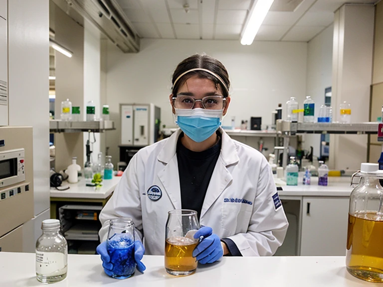 Create a realistic picture that is presented with the laboratory works. Worker wear safety protective equipment, white long-sleeved laboratory coats, blue masks, white head coverings and transparent glasses. Worker is observing chemical solution in the bakerglass and also observing bacteria in a microscope. The background is a laboratory room which looks clean and orderly. There are various analytical equipment such as burret, distillator, microwave oven, desiccator, flask, fumehood, autoclave, and spindle flocculator test jar.
arafed man in a lab coat holding a flask filled with blue liquid, handling laboratory equipment, holding flask in hand, in a lab, chemisty, scientific research, experiment in laboratory, chemical substances, in a laboratory, in laboratory, abstraction chemicals, stood in a lab, in the background, reagents, laboratory in the background, medical laboratory