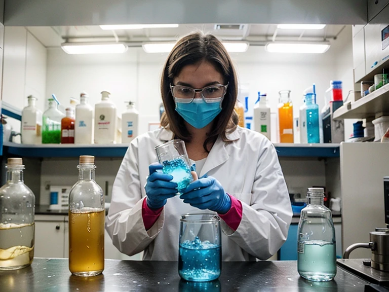 Create a realistic picture that is presented with the laboratory works. Worker wear safety protective equipment, white long-sleeved laboratory coats, blue masks, white head coverings and transparent glasses. Worker is observing chemical solution in the bakerglass and also observing bacteria in a microscope. The background is a laboratory room which looks clean and orderly. There are various analytical equipment such as burret, distillator, microwave oven, desiccator, flask, fumehood, autoclave, and spindle flocculator test jar.

arafed man in a lab coat holding a flask filled with blue liquid, handling laboratory equipment, holding flask in hand, in a lab, chemisty, scientific research, experiment in laboratory, chemical substances, in a laboratory, in laboratory, abstraction chemicals, stood in a lab, in the background, reagents, laboratory in the background, medical laboratory