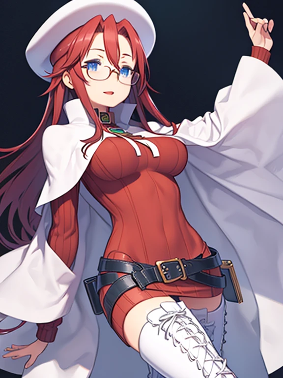 masterpiece、highest quality、High resolution、Very detailed、Medium wide shot、Mature Woman、(aty, long hair, blue eyes, red hair, thighhighs, hat, dress, boots, glasses, belt, cape, sweater, zettai ryouiki, beret, thigh boots, white footwear, ribbed sweater, loose belt、Hair between the eyes)、Big Breasts、laughing、