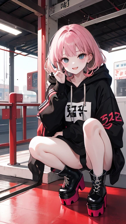 Female 3P、、cute、With a smile、peace、Station platform、
black and White hoodie、Red and black hoodie、White hoodie、Platform boots、Platform boots、
Brown Hair、Black Hair、Pink Hair、3✕3の目、black eye、