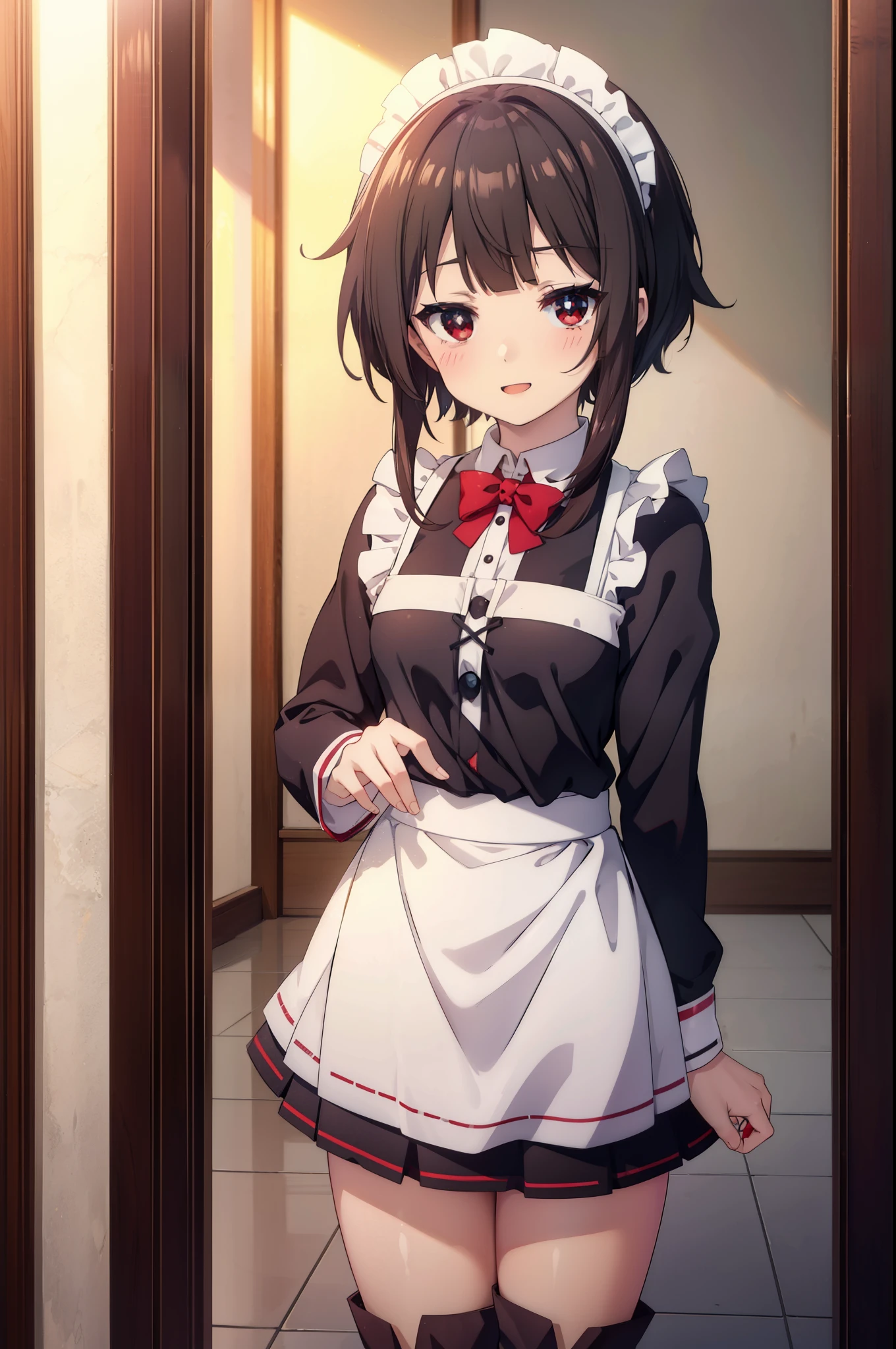 konosubaMegumin, Megumin, short hair, Black Hair, (Red eyes:1.3), short hair with long locks,
headdress, Maid clothes,dress,ロングskirt,White Pantyhose,short boots, apron, 両手でskirtを持ち上げている,Looking at the audience, happy smile, smile, blush,Open your mouth,skirt, skirt lift, 自分で持ち上げる
break indoors, coffee shop,
break looking at viewer, (Cowboy Shot:1.5),
break (masterpiece:1.2), highest quality, High resolution, unity 8k wallpaper, (shape:0.8), (Fine and beautiful eyes:1.6), Highly detailed face, Perfect lighting, Highly detailed CG, (Perfect hands, Perfect Anatomy),