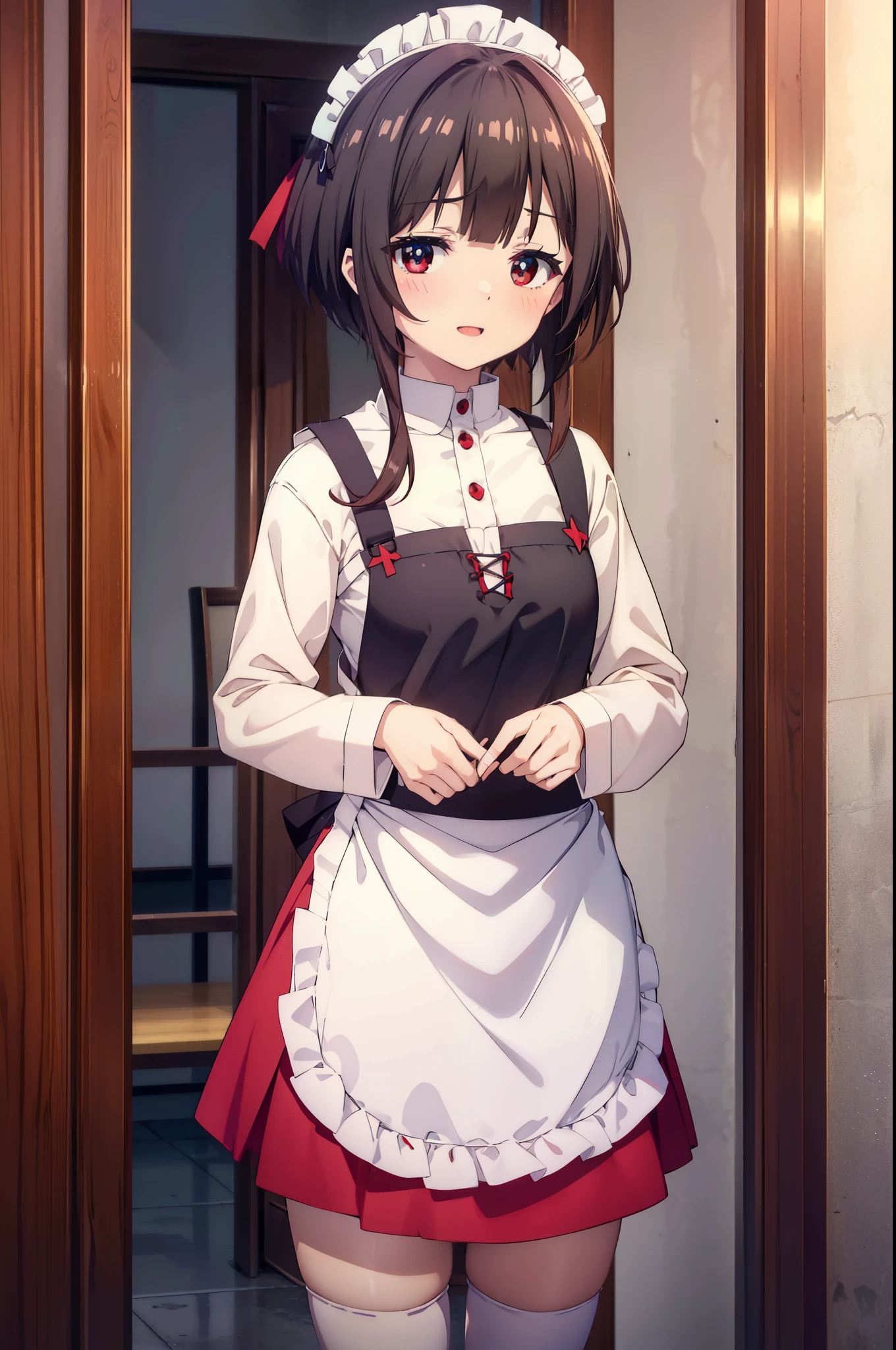 konosubaMegumin, Megumin, short hair, Black Hair, (Red eyes:1.3), short hair with long locks,
headdress, Maid clothes,dress,ロングskirt,White Pantyhose,short boots, apron, 両手でskirtを持ち上げている,Looking at the audience, happy smile, smile, blush,Open your mouth,skirt, skirt lift, 自分で持ち上げる
break indoors, coffee shop,
break looking at viewer, (Cowboy Shot:1.5),
break (masterpiece:1.2), highest quality, High resolution, unity 8k wallpaper, (shape:0.8), (Fine and beautiful eyes:1.6), Highly detailed face, Perfect lighting, Highly detailed CG, (Perfect hands, Perfect Anatomy),