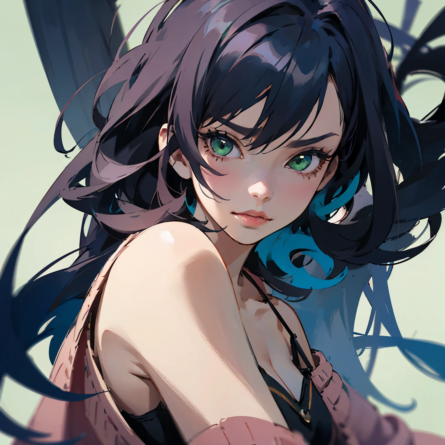 girl with long black and light pink ombre hair, she is wearing a black spaghetti strap style dress and a light pink cardigan, wearing a black high-top converse, aesthetically pleasing 2D focus anime with a touch of realistic vibes, Touches of sage green, plain white background, Fortnite survey skin art style, Valorant Art Style, Mitsuri kanroji theme