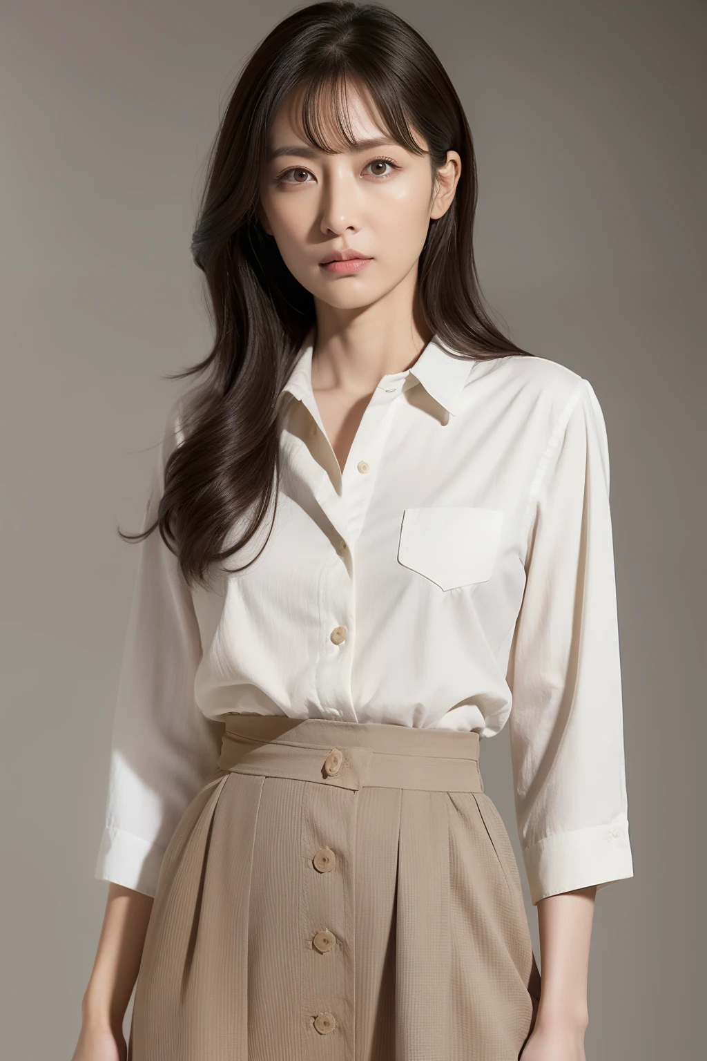 Ultra-high resolution, masterpiece, Rough skin, Very detailed, Photorealistic, Professional Lighting, Depth of written border, sharp, 
Gray background, (Japanese Mature, 6 ), Sexy Woman, Detailed face, Beautiful Eyes, bangs, Shapely small breasts, Light brown long straight hair, Faint lips, ((Stand in front、View your viewers, Serious face eyes.)), Button-up summer shirt, summer skirt, Full body photo, Cowboy Shot