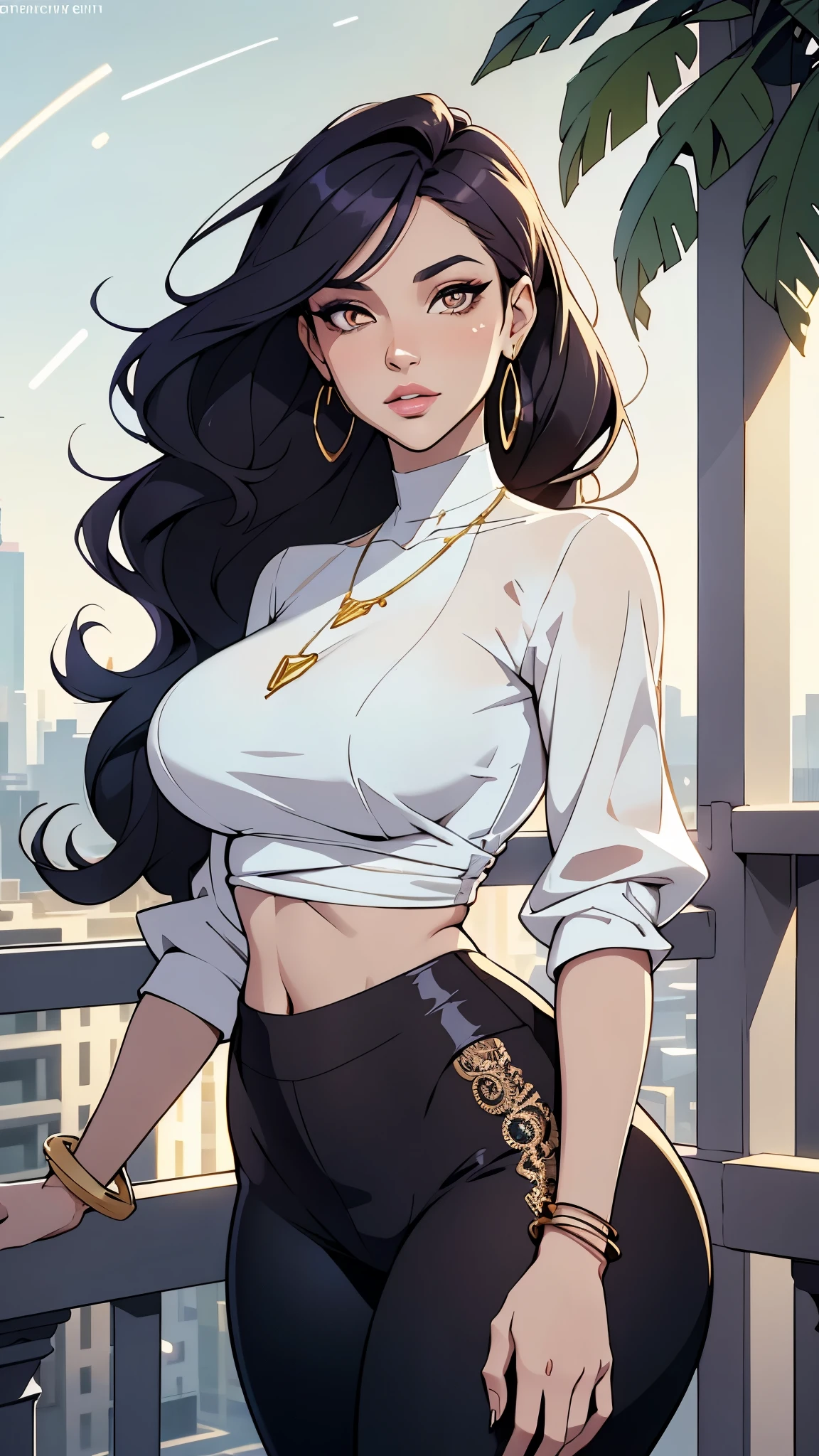 makeup, mascara, Lips are subdued or colors, colorful, vibrant, artistic, trending on artstation, psychedelic background, metropolitan park, on a balcony, Clean, sharp designs, flowing silhouettes, Tight pants, shirts and blouses, asymmetrical, geometric, Elegant and luxurious materials and designs, minimal accessories, Slim necklaces and rings in silver or gold, Simple bangles, Distinctive designs, colourful sophisticated style, elegance, lace, high quality materials, cool and urban impression, high fashion, colourful and sophistication, solo, 1girl, pretty face, perfect face, (large breasts), sexy body, Curvy, high contrast, beautiful young woman, 4k, high quality, dynamic light, godrays, beautiful lighting, dynamic lighting and shadows, light through foliage, large breasts, highlights, shining skin, glowing lights, bright reflections, shimmering light reflections, high fashion, long hair, navel exposed, looking up, flirty