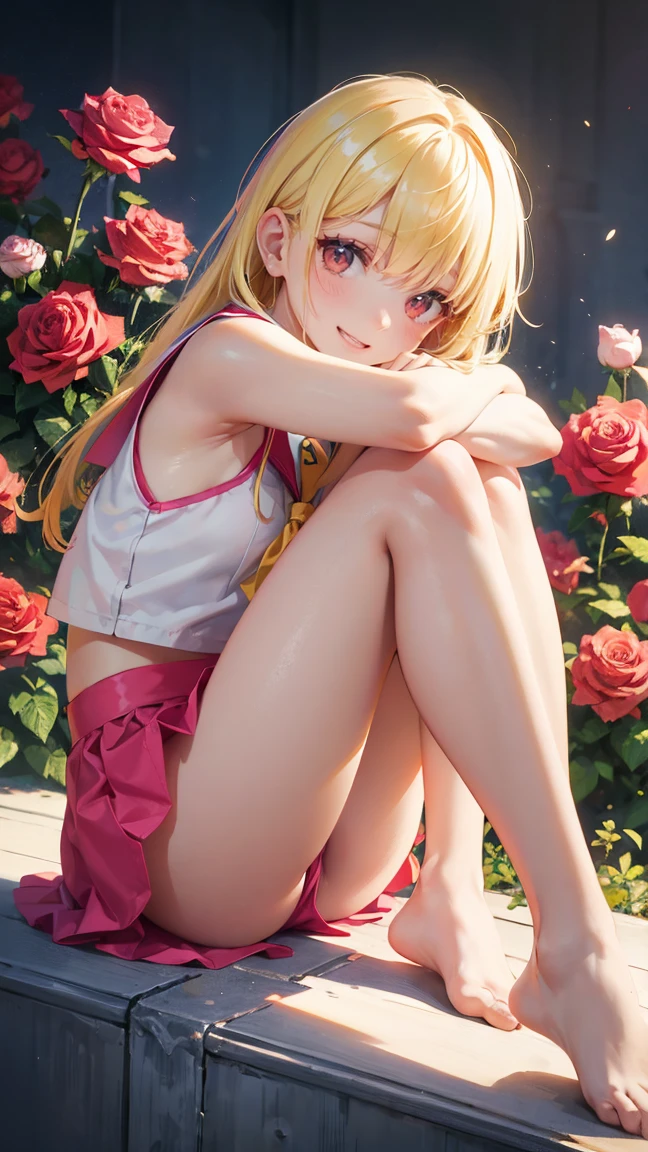 Very cute girl、(I am )、Bright yellow hair、Shortcuts、Bangs too close to the eyes、Glowing red eyes、(Normal Human Ear)、Thin arms、Beautiful body、Thin legs、Flat Chest、Translucent white skin、Smile、Open your mouth、(Sleeveless sailor suit、Ultra mini skirt).(Rose Garden)、Playing innocently、Ultra HD、Digital SLR、In the background, many colorful roses are blooming.、Upper Body Shot、Sitting cross-legged、Sitting hugging your knees、running、