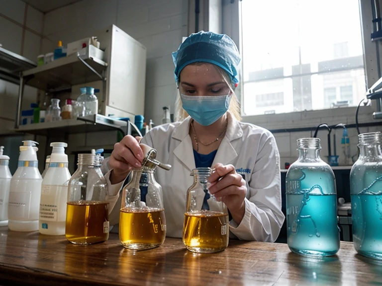 Create a realistic picture that is presented with the laboratory works. Worker wear safety protective equipment, white long-sleeved laboratory coats, blue masks, white head coverings and transparent glasses. Worker is observing chemical solution in the bakerglass and also observing bacteria in a microscope. The background is a laboratory room which looks clean and orderly. There are various analytical equipment such as burret, distillator, microwave oven, desiccator, flask, fumehood, autoclave, and spindle flocculator test jar.
arafed man in a lab coat holding a flask filled with blue liquid, handling laboratory equipment, holding flask in hand, in a lab, chemisty, scientific research, experiment in laboratory, chemical substances, in a laboratory, in laboratory, abstraction chemicals, stood in a lab, in the background, reagents, laboratory in the background, medical laboratory