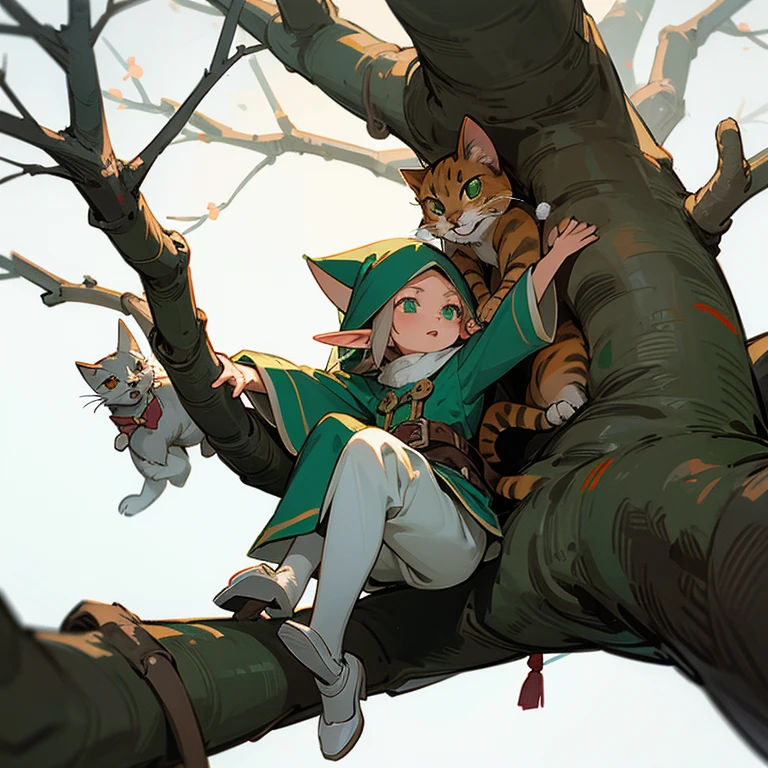 Winter elf playing with cat in a tree