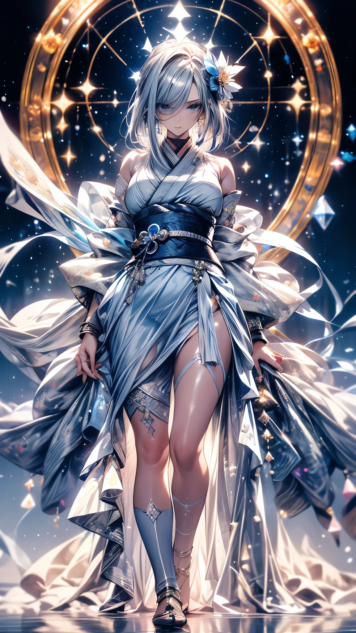 (Ultra-delicate), (Clear focus), (high resolution), Deformed depth of field blurred background, Detailed background, Perfect layer cutting, Atmospheric distance sense, ((full-body shot)), wallpaper, (((Silver hair gradient streaked light blue end))), Cute beauty face, (focus on face), Ultra-detailed facial texture, ((Clear light blue eyes)), thin eyebrows, long upper eyelashes, double eyelids, Upper Eye, High-fidelity eyes, (Super detailed eyes), Sexy and attractive lips, Richly detailed lips, White skin, delicate skin, Micro light, complicated, familiar, black magician, particle, constellation, Stardust, universe, ((flower)), comfortable peace, peaceful, Japan, Himiko, kimono, With crystal, Fortune Telling, time and space, artistic, 8K