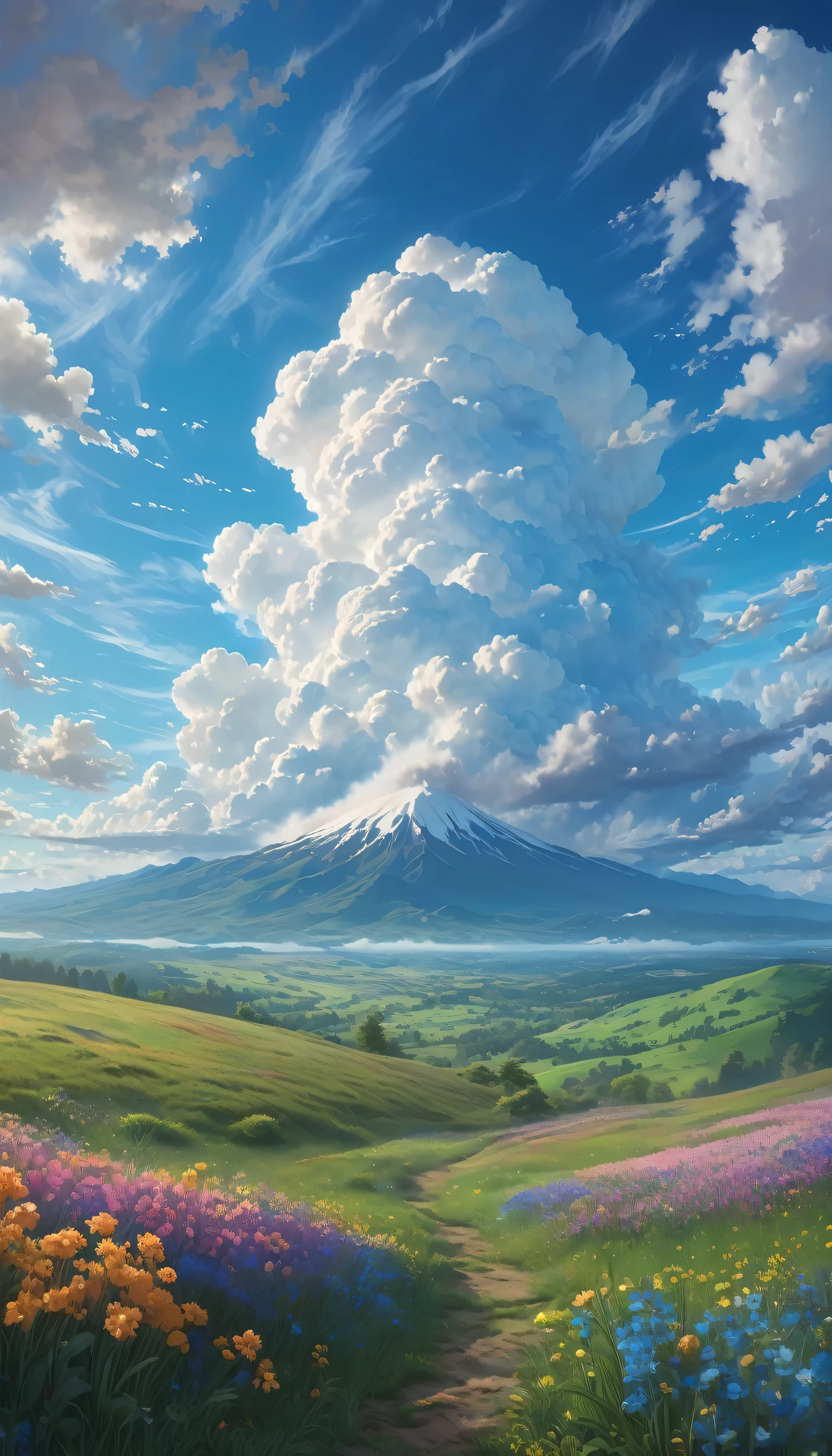 "Vast colossal cumulonimbus clouds majestically against a cerulean sky, framing a tapestry of spring flowers carpeting lush grasslands. The landscape emanates nature's breathtaking beauty, bathed in cinematic light. Rendered in high-definition with Octane Render, the scene glows in a mesmerizing 3D rendering reminiscent of Studio Ghibli's magical worlds. It's a realistic painting brought to life in stunning 8K resolution, evoking a dream-like ambiance."
