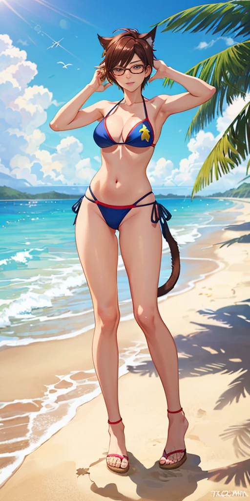 anime girl in a bikini on the beach with a cat tail, realistic bikini, commission for high res, Overwatch tracer in a bikini, full body:: sunny weather:: full body portrait of a short!, standing at the beach, on a sunny beach, at a tropical beach, at the beach, full body commission for, in the beach, posing on the beach
