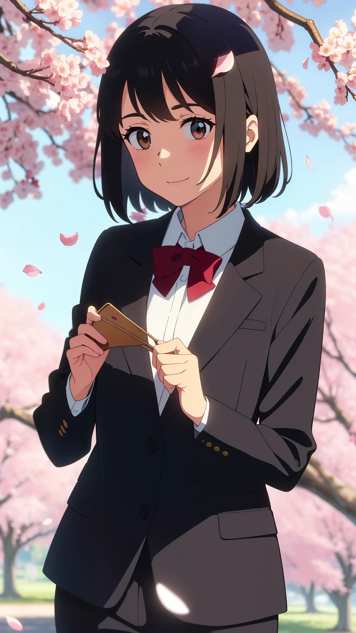 masterpiece, best quality, shinkai makoto, kimi no na wa., 1girl, bangs, black hair, blush, brown eyes, shiny skin, red headband, red bow, red ribbon, collared shirt, white shirt, black blazer, short hair, smile, cute, solo, beautiful, looking at the viewer, long sleeves, cherry_blossoms, falling_petals, petals, branch, pink_flower, blue_sky, sunlight, spring_season, wind, tree