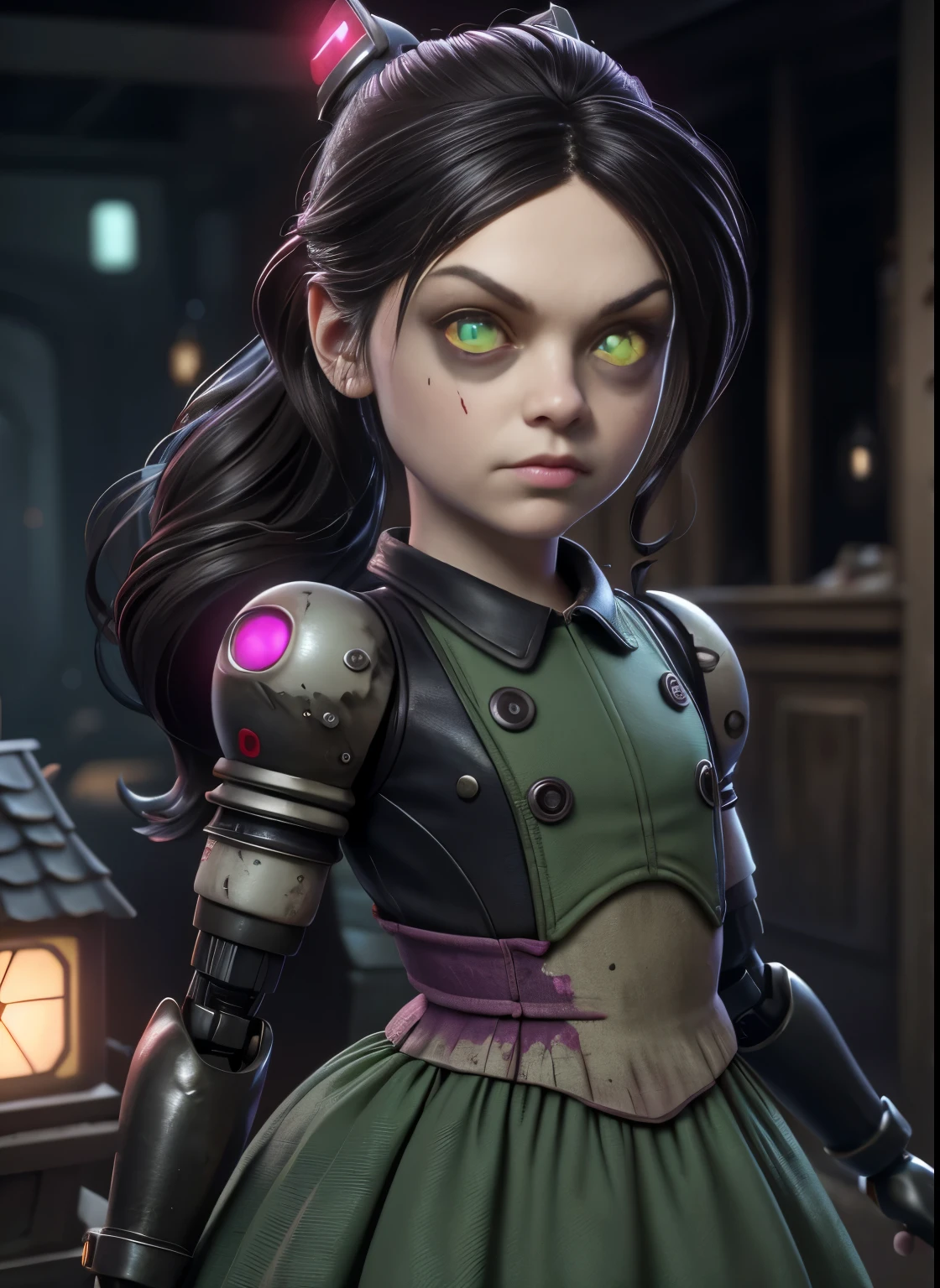 masterpiece, highres, an image of a beautiful cyberpunk  Mila Kunis fairy goth robot, green eyes, red wine hair best quality, 8k, best quality, ultra-detailed,1girl, , 6 years old, solo, 1girl, lilsis, dirty, blood, blood muddy dress, black hair, dress, horror \(theme\), solo, glowing eyes, creepycute, (house:1.4)