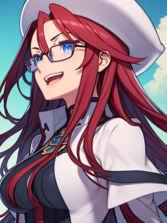 masterpiece、highest quality、High resolution、Very detailed、Close-up of face、Mature Woman、(aty, long hair, blue eyes, red hair, thighhighs, hat, Hair between the eyes)、Glasses、Big Breasts、laughing、