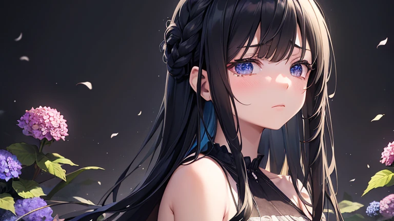 Faded hydrangea　Shrine Background　Background toned down　A girl with a gloomy expression　The girl has hydrangea petals on her cheek　Long black hair in braids　whole body　Angle from diagonally left　The tears that fell on the hydrangeas add color　Tears are colorful　Overall tone down　Dark atmosphere　