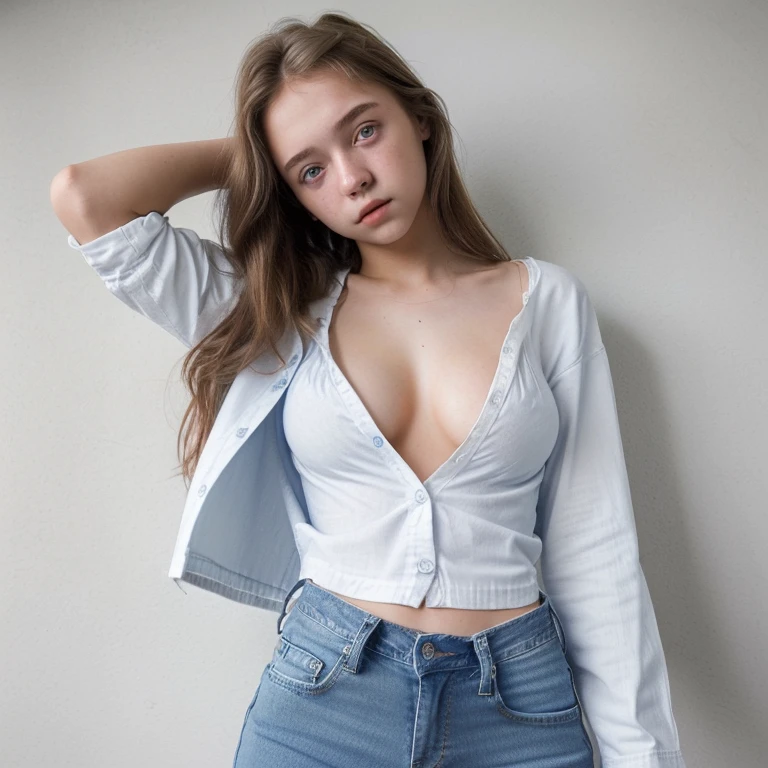 18 years old girl , long blue jeans pant , white loose bottom shirt, pretty girl, detailed eyes and face, sexy pose