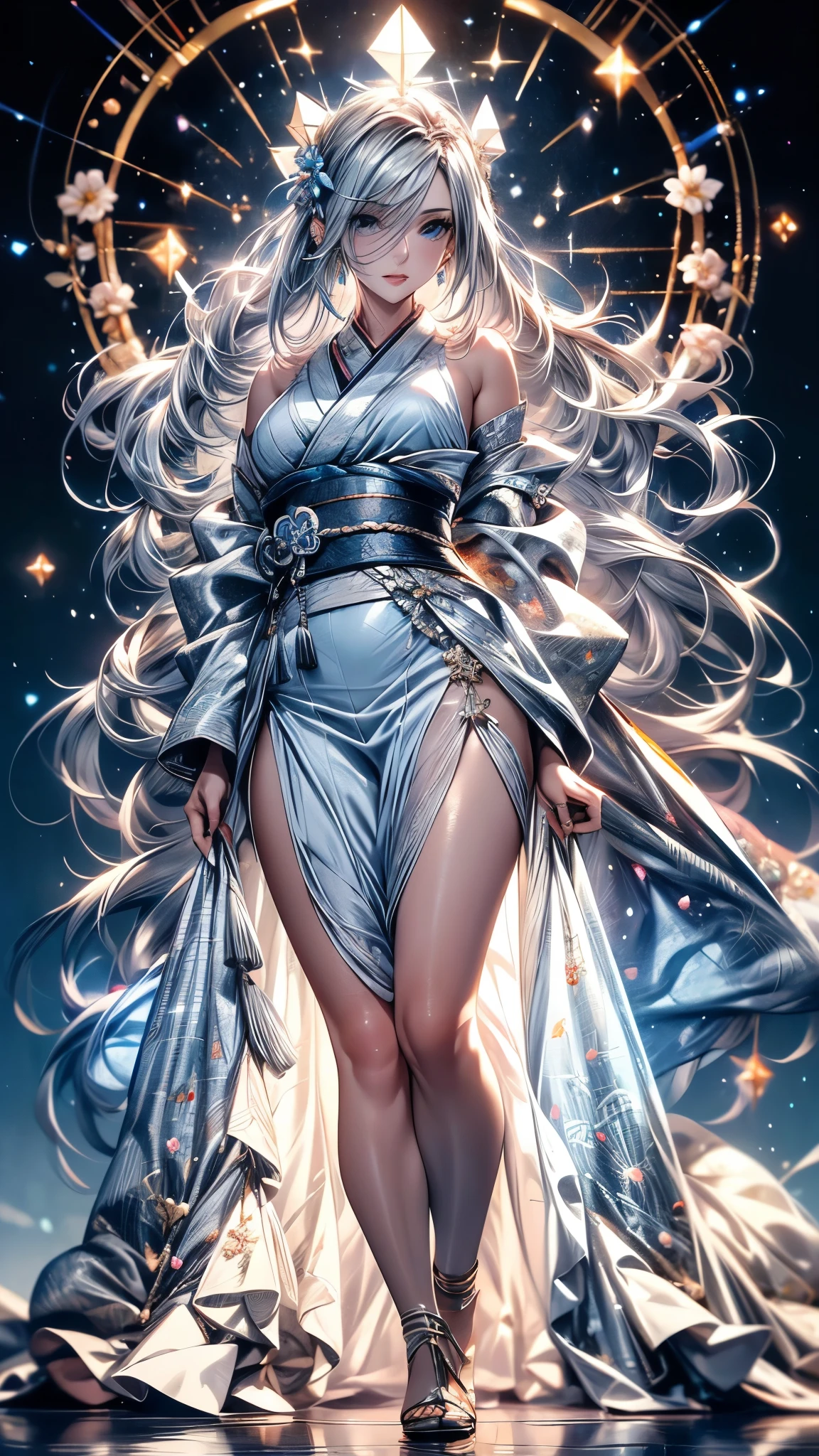 (Ultra-delicate), (Clear focus), (high resolution), Deformed depth of field blurred background, Detailed background, Perfect layer cutting, Atmospheric distance sense, (((full-body shot))), wallpaper, (((Silver hair gradient streaked light blue end))), beauty face, (((focus on eyes))), Ultra-detailed facial texture, ((Clear light blue eyes)), thin eyebrows, long upper eyelashes, double eyelids, Upper Eye, High-fidelity eyes, (Super detailed eyes), Sexy and attractive lips, Richly detailed lips, White skin, delicate skin, Micro light, complicated, familiar, black magician, particle, constellation, Stardust, universe, ((flower)), comfortable peace, peaceful, Japan, Himiko, kimono, With crystal, Fortune Telling, time and space, artistic, 8K