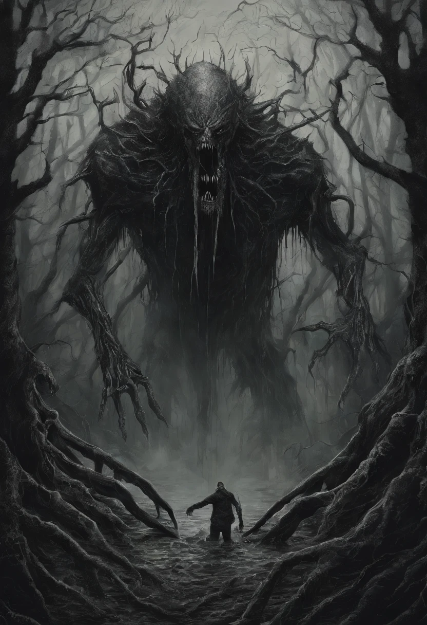 Pencil drawing tall and thin monster in the middle of a gloomy forest, open mouth full of sharp teeth with black liquid oozing out. There is an opening in the belly with black liquid oozing out. The claws on your hands are huge, the right hand is raised to grab something 