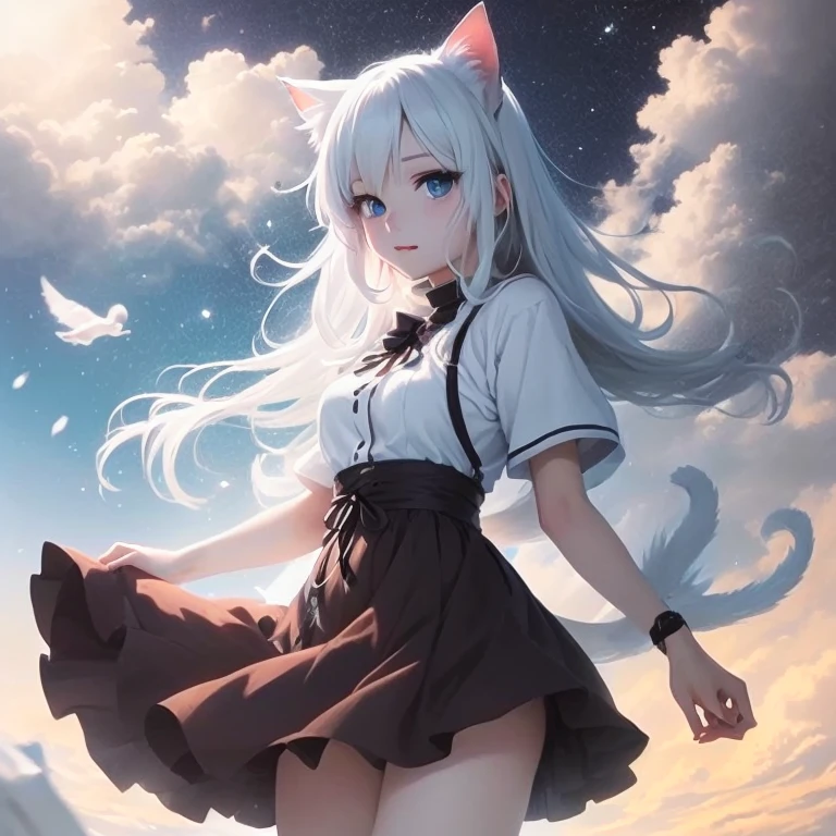 Anime girl with white hair and blue eyes flying in the sky, White cat lady, Gweitz, Very Beautiful Anime Cat Girl, artwork in the style of Gweitz, Gweitz on pixiv artstation, Gweitz on artstation pixiv, Beautiful anime cat girl, Trending on cgstation, anime wallpaper 4k, anime wallpaper 4k 座る