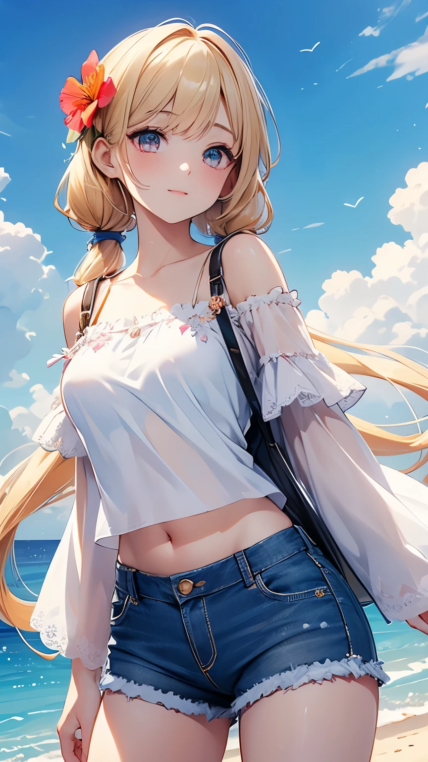 ((best quality)), ((masterpiece)), (detailed), perfect face, ((Best quality, 8k, Masterpiece: 1.3)), Highly detailed face and skin texture, Detailed eyes, Double eyelid, A girl with a large flower decoration in her hair, hibiscus, phalaenopsis, dahlia, blond hair, low twintails, Off-shoulder, white T-shirt, denim shorts, midsummer beach, blue sky, strong sunlight, cowboy shot, armpit