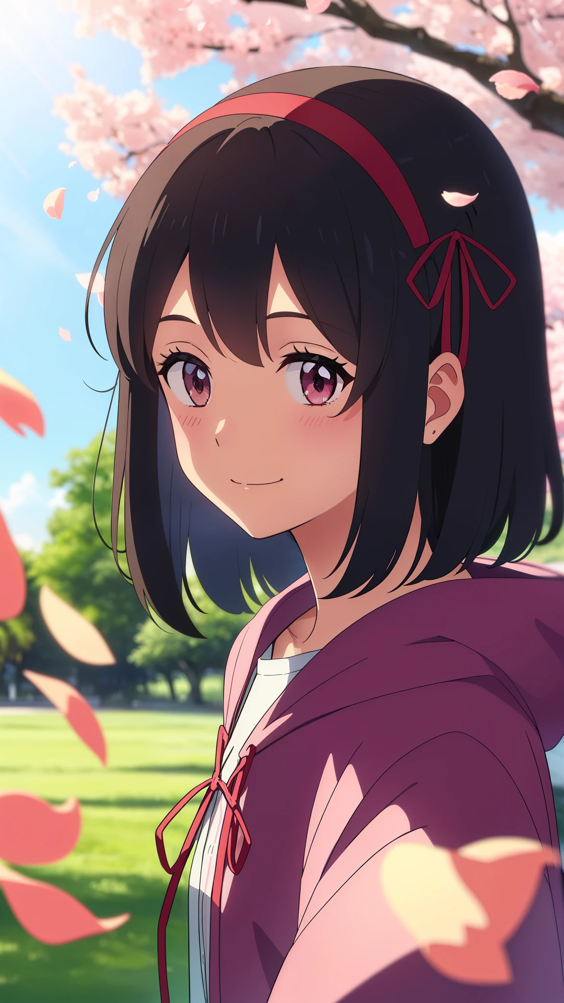 shinkai makoto, kimi no na wa., 1girl, miyamizu mitsuha, 1boy, tachibana taki, bangs, black short hair, hood, hoodie, ((girl with red headband, red ribbon), blush, brown eyes, smile, cute, beautiful, love, adorable, couple, dating, looking at the viewer, cherry_blossoms, falling_petals, petals, branch, pink_flower, sky, sunlight, spring_season, wind, tree, Upper body portrait