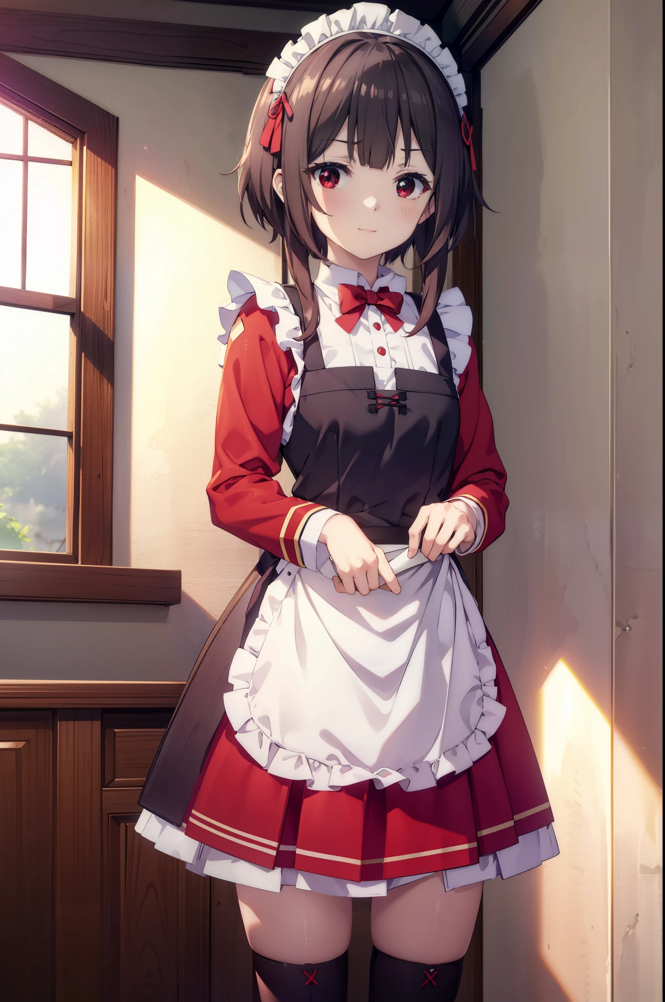 konosubaMegumin, Megumin, short hair, Black Hair, (Red eyes:1.3), short hair with long locks,skirtの裾を両手で持ち上げている,
headdress, Maid clothes,dress,ロングskirt,White Pantyhose,short boots, apron, 両手でskirtを持ち上げている,Looking at the audience, happy smile, smile, blush,Open your mouth,skirt, skirt lift, 自分で持ち上げる
break indoors, coffee shop,
break looking at viewer, (Cowboy Shot:1.5),
break (masterpiece:1.2), highest quality, High resolution, unity 8k wallpaper, (shape:0.8), (Fine and beautiful eyes:1.6), Highly detailed face, Perfect lighting, Highly detailed CG, (Perfect hands, Perfect Anatomy),