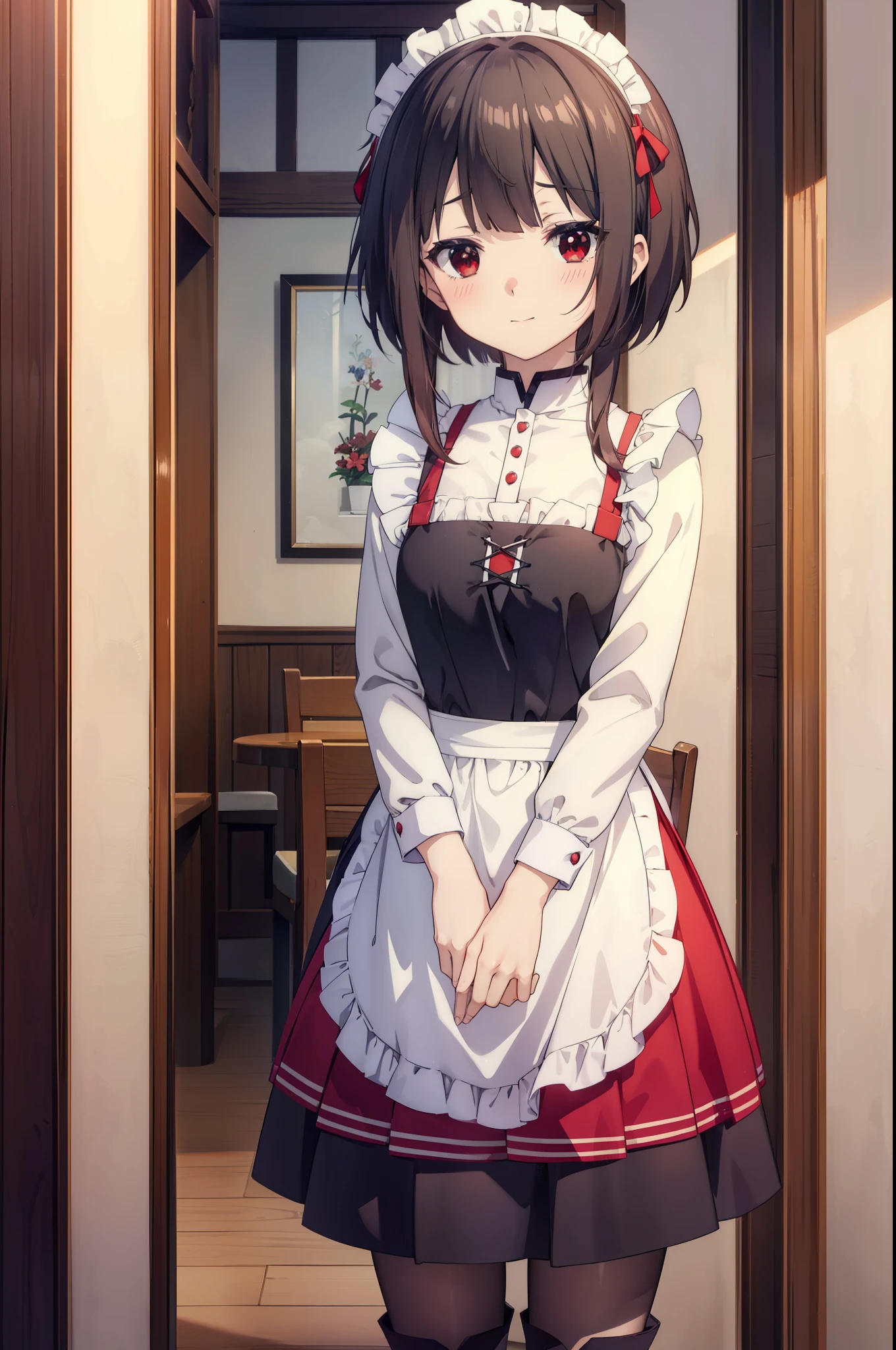 konosubaMegumin, Megumin, short hair, Black Hair, (Red eyes:1.3), short hair with long locks,skirtの裾を両手で持ち上げている,
headdress, Maid clothes,dress,ロングskirt,White Pantyhose,short boots, apron, 両手でskirtを持ち上げている,Looking at the audience, happy smile, smile, blush,Open your mouth,skirt, skirt lift, 自分で持ち上げる
break indoors, coffee shop,
break looking at viewer, (Cowboy Shot:1.5),
break (masterpiece:1.2), highest quality, High resolution, unity 8k wallpaper, (shape:0.8), (Fine and beautiful eyes:1.6), Highly detailed face, Perfect lighting, Highly detailed CG, (Perfect hands, Perfect Anatomy),