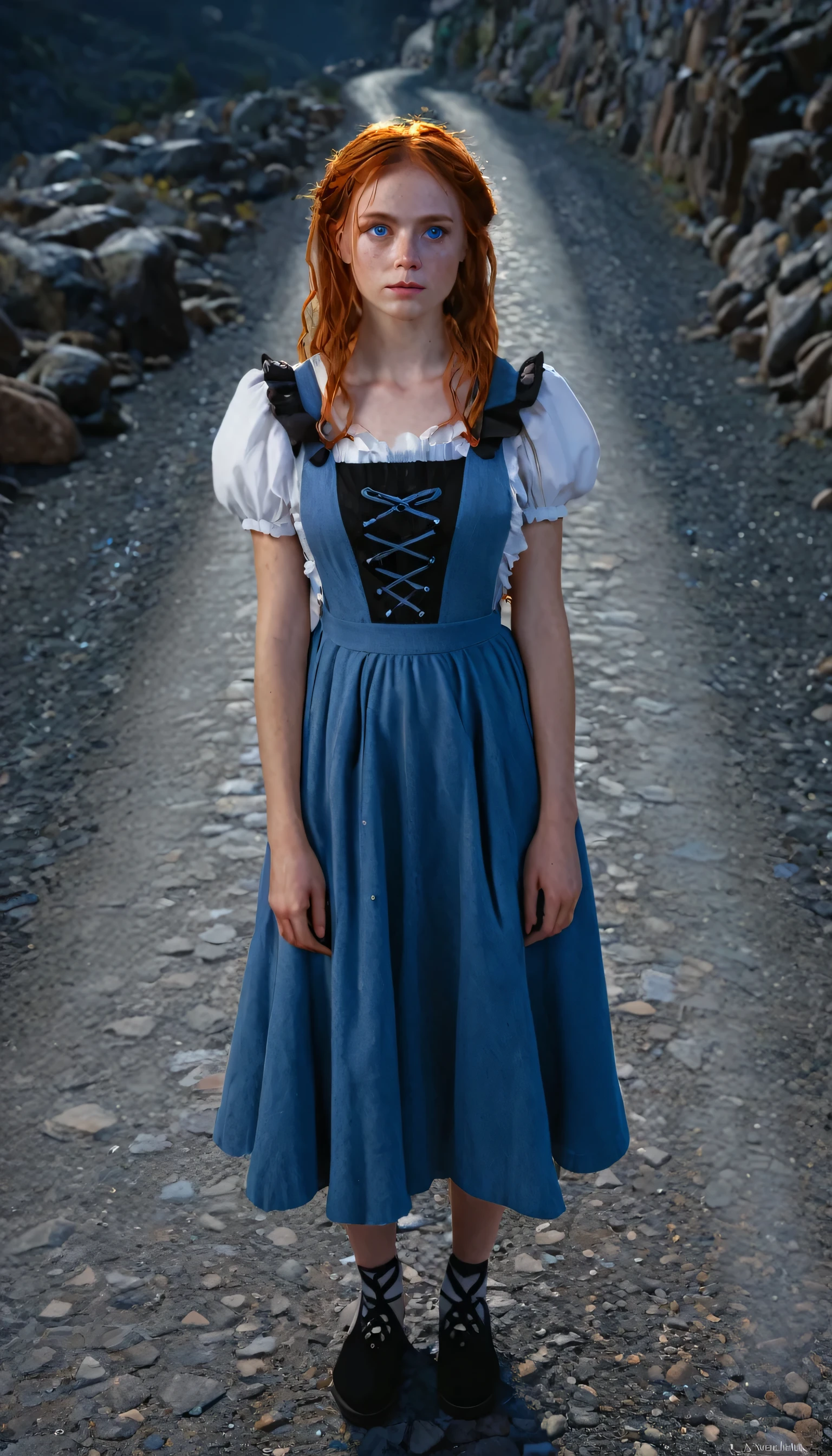 stars, standard, freckled face, automatic white balance, intersting lights and shadows, hyperdetailed, meditation, clamps, high quality photo, witches, (photorealistic:1.4), blue eyes, ((masterpiece)), pinafore dress, antagonist, road, rocks, ultra detailed eyes, overhaul,