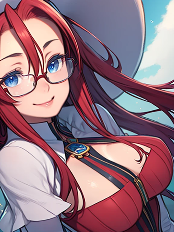 masterpiece、highest quality、High resolution、Very detailed、Close-up of face、Mature Woman、(aty, long hair, blue eyes, red hair, thighhighs, hat, Hair between the eyes)、Glasses、Big Breasts、Smiling gently、