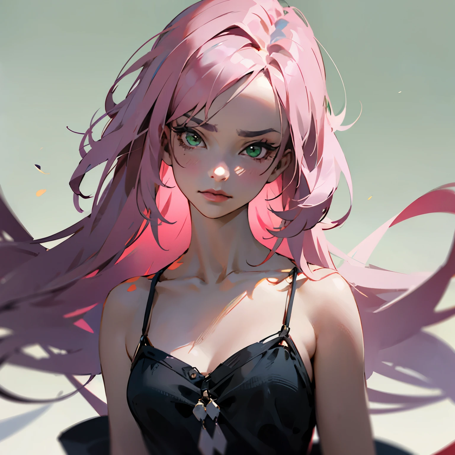 girl with long black and light pink ombre hair, she is wearing a black spaghetti strap style dress and a light pink cardigan, wearing a black high-top converse, aesthetically pleasing 2D focus anime with a touch of realistic vibes, Touches of sage green, plain white background, Fortnite survey skin art style, Valorant Art Style, Mitsuri kanroji theme